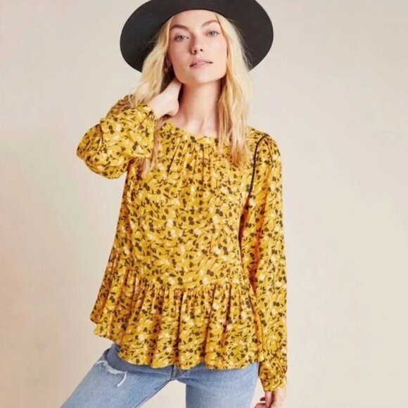 Maeve Tops - Maeve By Anthropologie Golden Yellow Cheyanne Floral Long Sleeve Blouse Top XS
